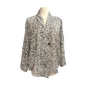Chicos Long Sleeve Abstract Semi Sheer Button Over Shirt Cardigan Black Cream